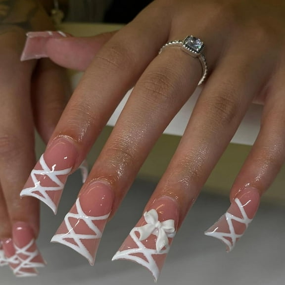 Duck Press on Nails Duck Feet Fan Flared Fake Nails Glossy Glue on Nails Ballet Acrylic Nails Full Cover Wide Artificial Pink False Nails with Bow Design 24 pcs 03908Pink 0.04 Fl Oz (Pack of 24)