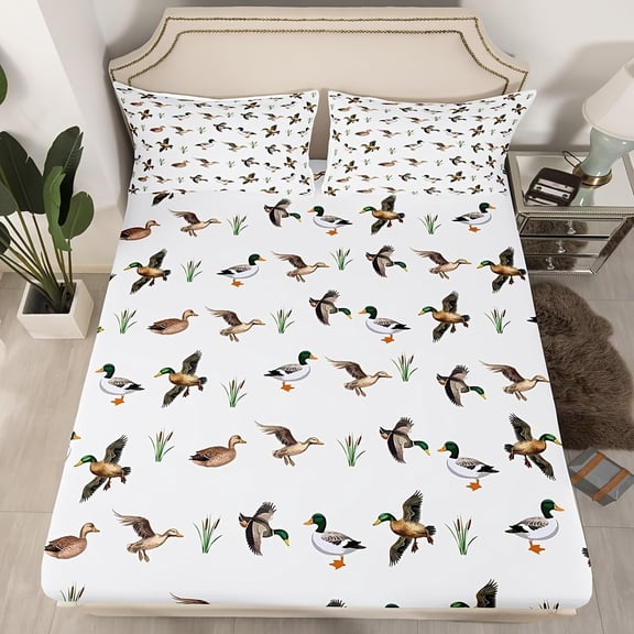 Duck Print Bed Sheet Set 3/4 Piece Wild Animal Design Soft Breathable Fabric for Nature Lovers Hunting Enthusiasts Bedroom Dormitory Decor