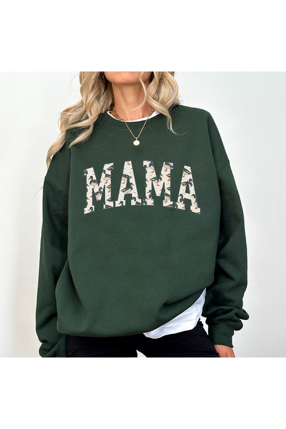 Duck Print Mama Sweatshirt – Cute Outdoorsy Mom Crewneck, Waterfowl Graphic Hunting Style Sweater, Cozy Fall Top for Women