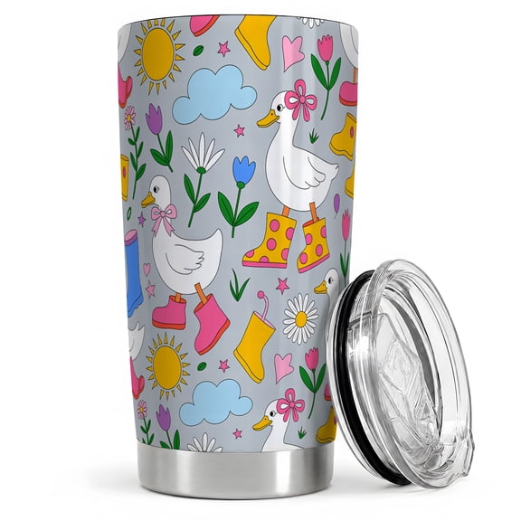 Duck Rain Boots Flower Pattern 20oz Tumbler, Duck Boots Tumbler, For Daily Drinks And Travel, Cute White Ducks With Colorful Flowers, Sunshine Clouds, Spring Animal Pattern Fans