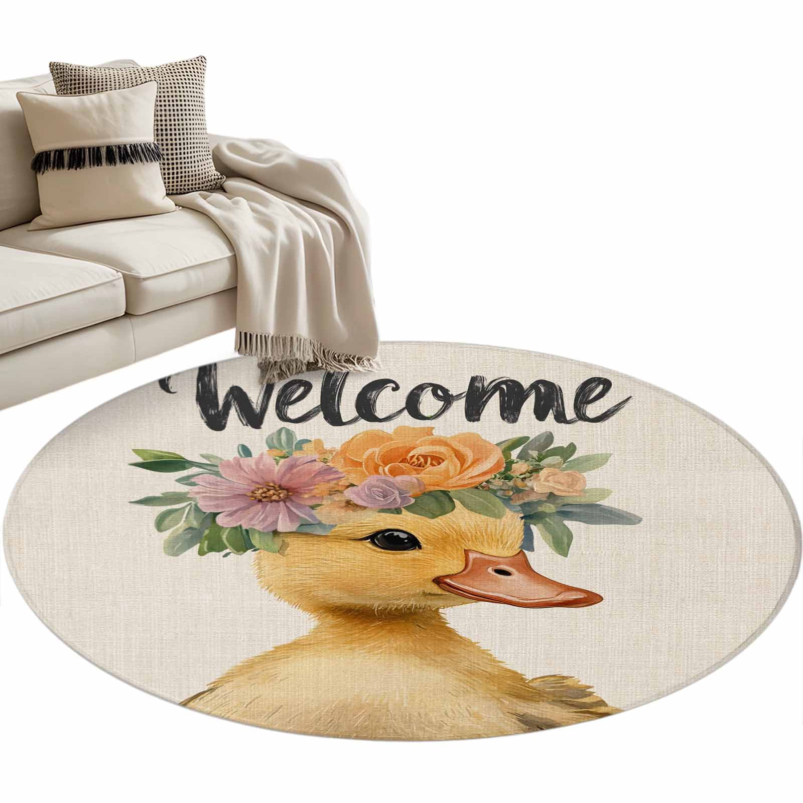 Duck Round Area Rug 3ft Welcome Non-Slip Washable Circle Rugs Soft Felt ...