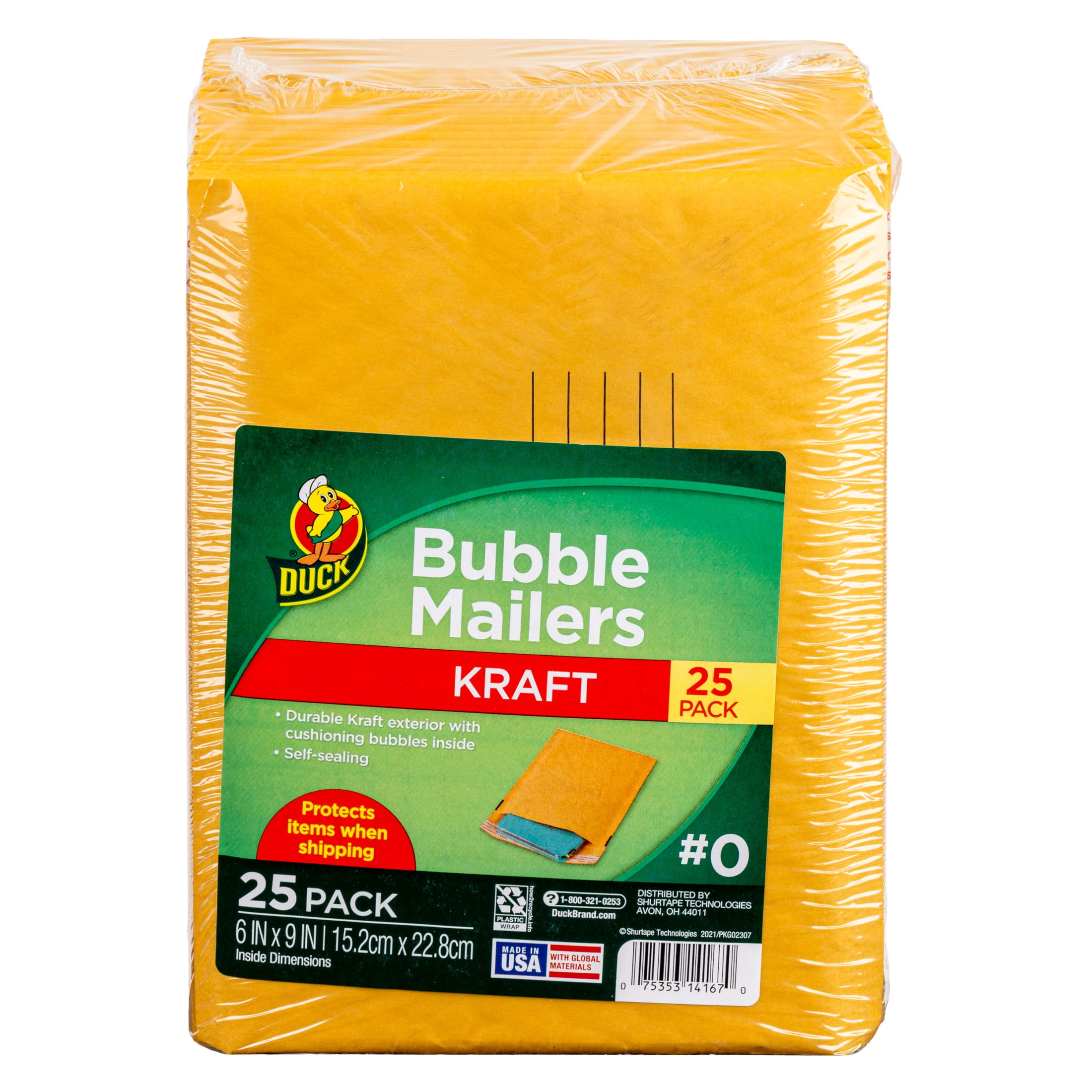 Duck Self-Seal Kraft Bubble Mailer #0, 6" x 9", Manila, 25 Pack