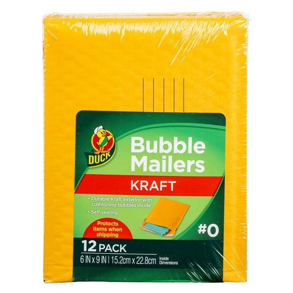 Duck Self-Seal Kraft Bubble Mailer #0, 6" x 9", Solid Manila, 12 Pack