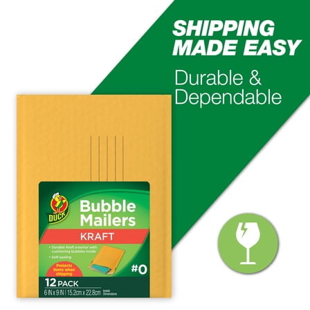 Duck Self-Seal Kraft Bubble Mailer #0, 6" x 9", Solid Manila, 12 Pack