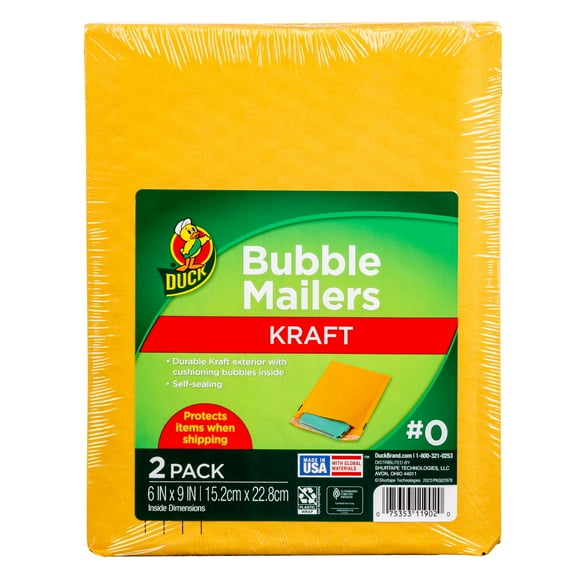 Duck Self-Seal Kraft Bubble Mailer #0, 6" x 9", Solid Print, 2 Pack