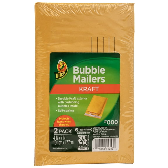 Duck Self-Seal Kraft Bubble Mailer #000, 4" x 7", Solid Print, 2 Pack