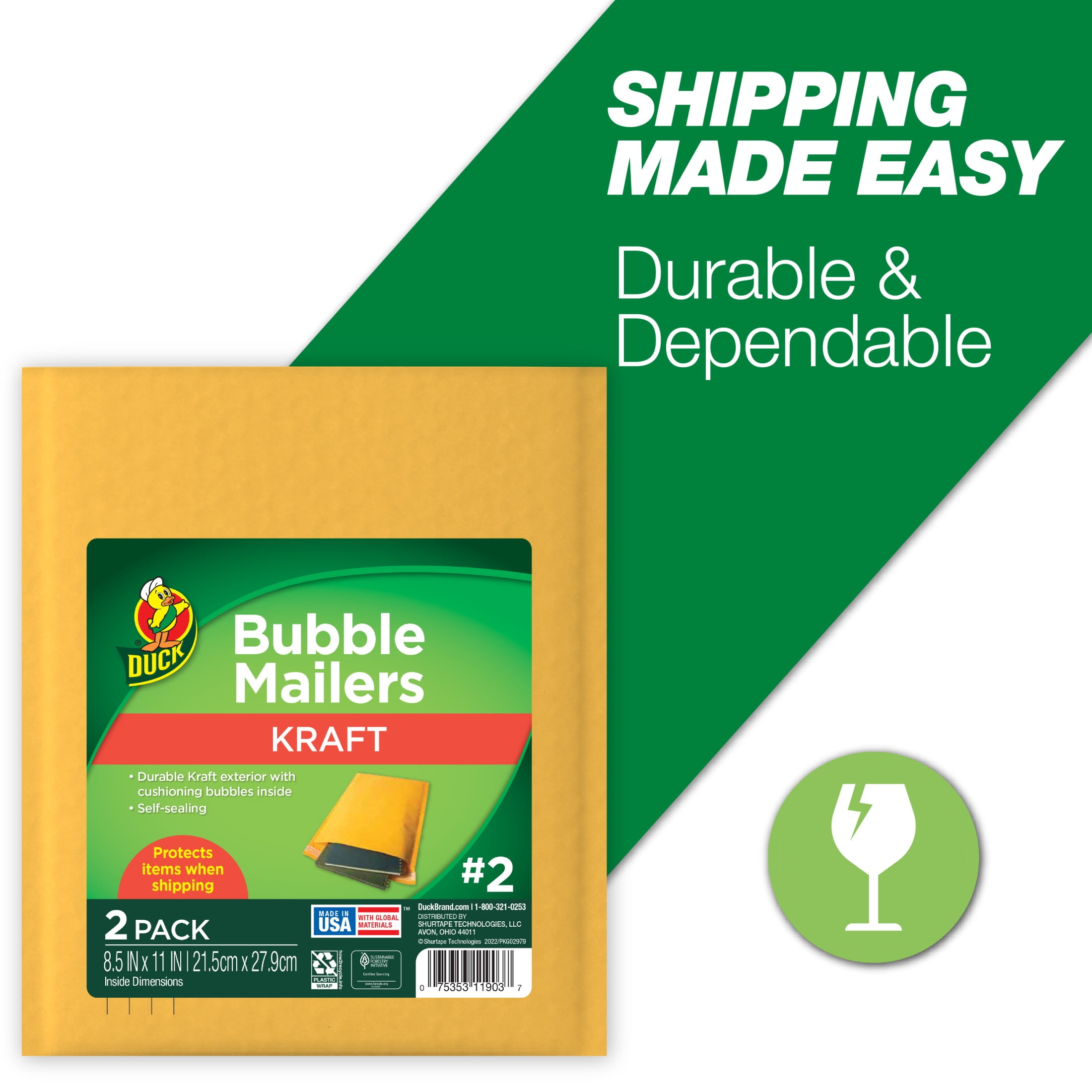 Duck Self-Seal Kraft Bubble Mailer #2, 8.5" x 11", Solid Print, 2 Pack