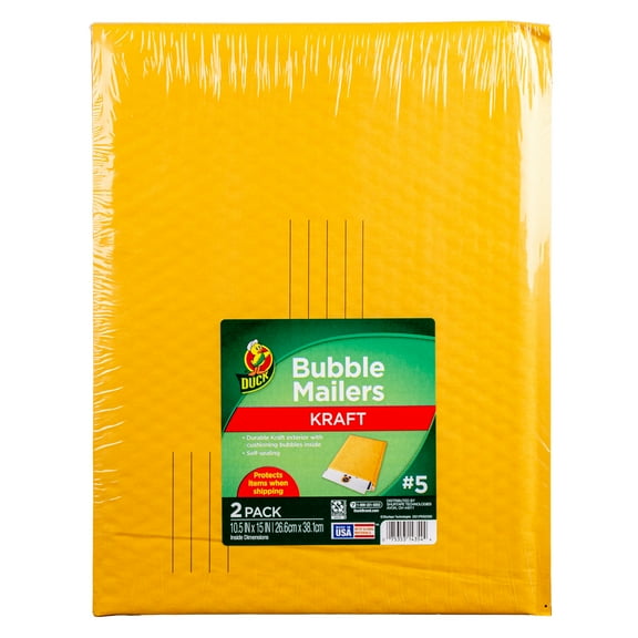 Duck Self-Seal Kraft Bubble Mailer #5, 10.5" x 15", Solid Print, 2 Pack