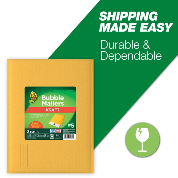 Duck Self-Seal Kraft Bubble Mailer #5, 10.5" x 15", Solid Print, 2 Pack