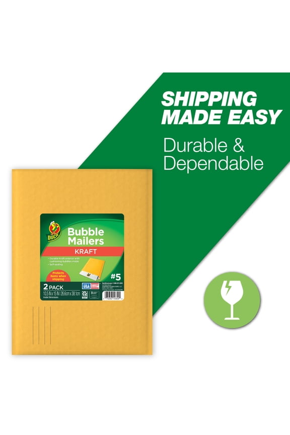 Duck Self-Seal Kraft Bubble Mailer #5, 10.5" x 15", Solid Print, 2 Pack