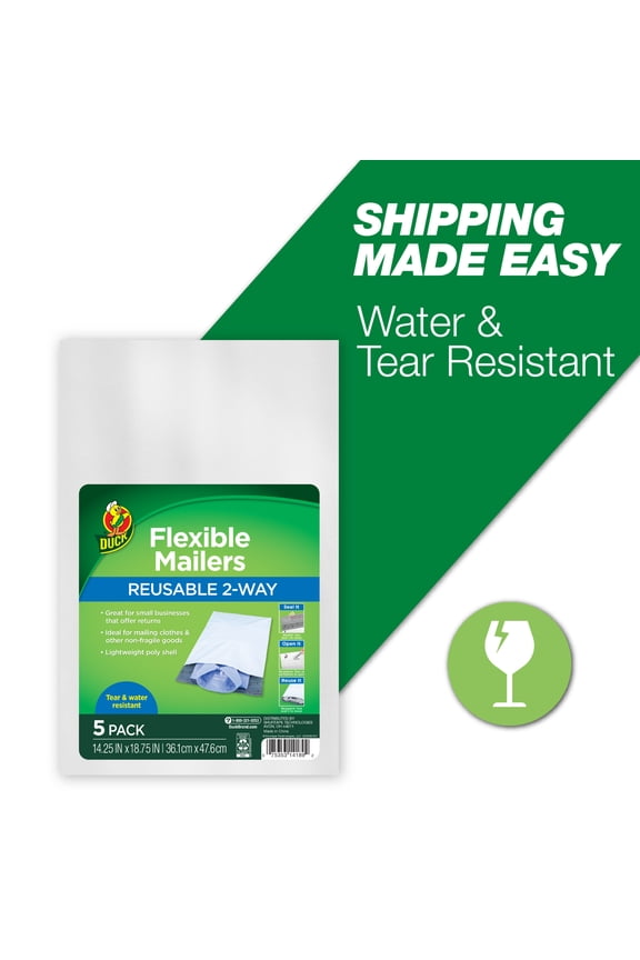 Duck Self-Seal Reuseable Poly Flexible Mailer, 14" x 18", Solid Print, 5 Pack