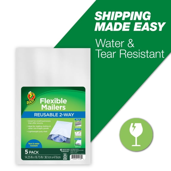 Duck Self-Seal Reuseable Poly Flexible Mailer, 14" x 18", Solid Print, 5 Pack