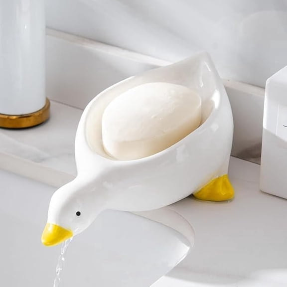 Duck Shaped Soap Dish Holder, White with Yellow Feet, Plastic Bathroom Accessory, Decorative Counter Organizer (1 Pack)