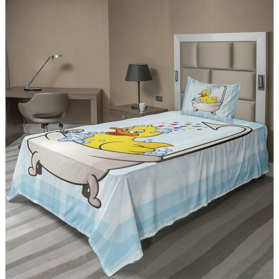 Ambesonne Duck Fitted & Top Sheet Set with Sham, Cartoon Mascot in Bathtub, Multicolor