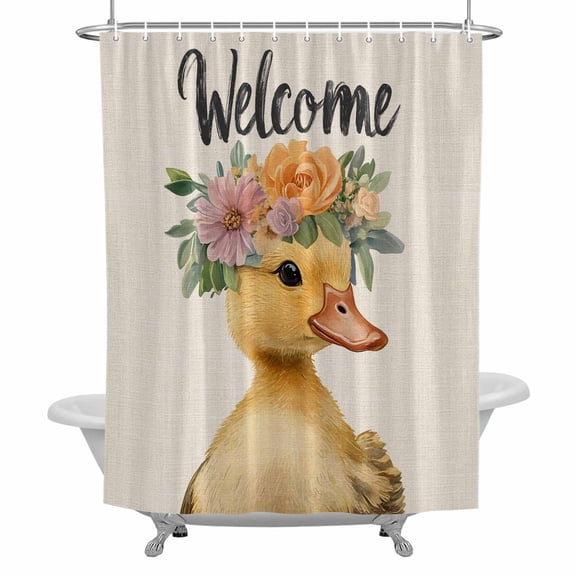 Duck Shower Curtain for Bathroom, Welcome Waterproof Cloth Fabric Bathroom Accessories Set with 12 Rust Proof Plastic Hooks, 36"x72"