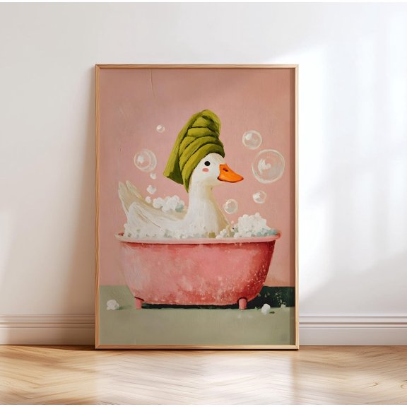 Duck Spa Bathtub Wall Art Print With Goose And Blush Bathroom Decor Unframed Paper Print