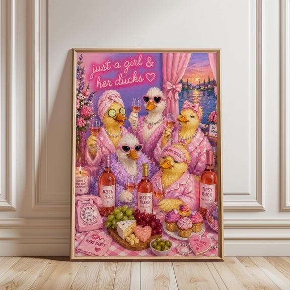 Duck Spa Night Poster, Quirky Girly Duck Wine Party Large Wall Art Print, Pretty Pastel Vintage Goose Art, Dining Room Poster, Kitchen Decor , Poster Print Only