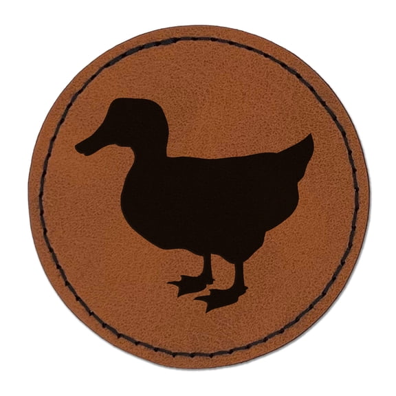 Duck Standing Mallard Solid 2.5" Faux Leather Round Engraved Iron-On Patch - Brown