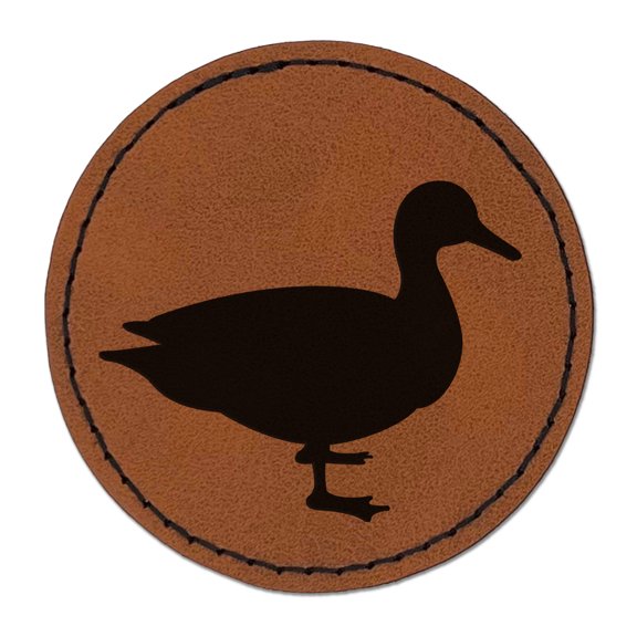 Duck Standing Solid 2.5" Faux Leather Round Engraved Iron-On Patch - Brown