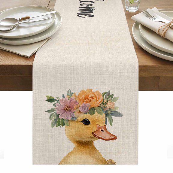 Duck Table Runner 13 x 36 Inch, Welcome Washable Cotton Linen Dining Table Runner Tabletop Decorations for Restaurant Home Kitchen Party