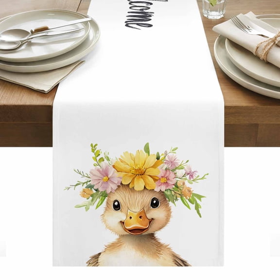 Duck Table Runner 13 x 36 Inch, Welcome Washable Cotton Linen Dining Table Runner Tabletop Decorations for Restaurant Home Kitchen Party