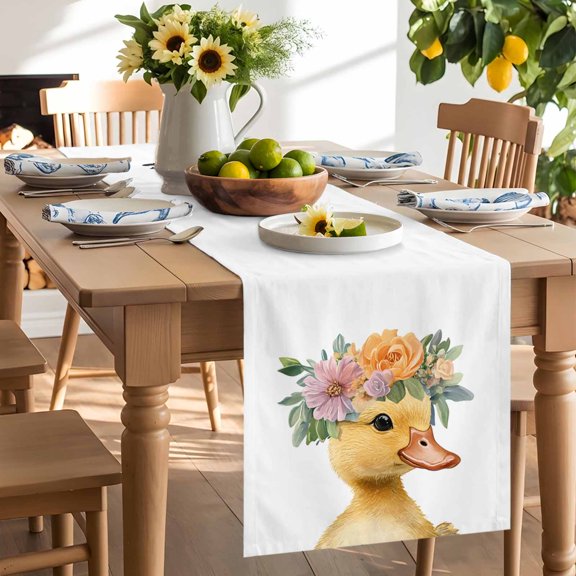 Duck Table Runner, Welcome Washable Kitchen Table Runners Dress Scarves for Dining Table Decorations Party/Restaurant/Indoor Outdoor Use, 13x36in