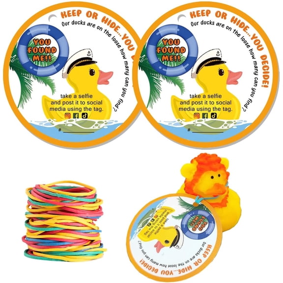 Duck Tags, Cruising Rubber Duck Ducking Game Card, 2.5 x 2.5 inches with Hole and Rubber Bands, Set of 35