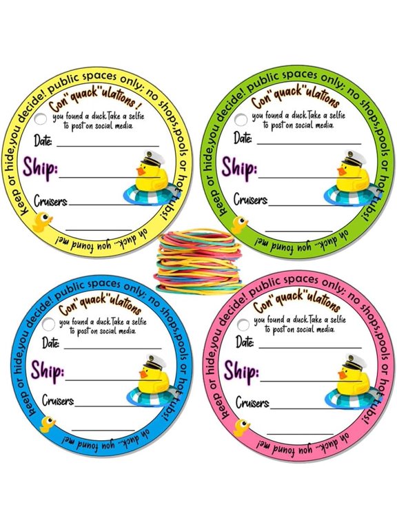 Duck Tags, Cruising Rubber Duck Ducking Game Cards, Cruise Tag, 2.5inches 35 Pack Circle Cruise Tag with Hole and 50 Rubber Bands(4 Color)