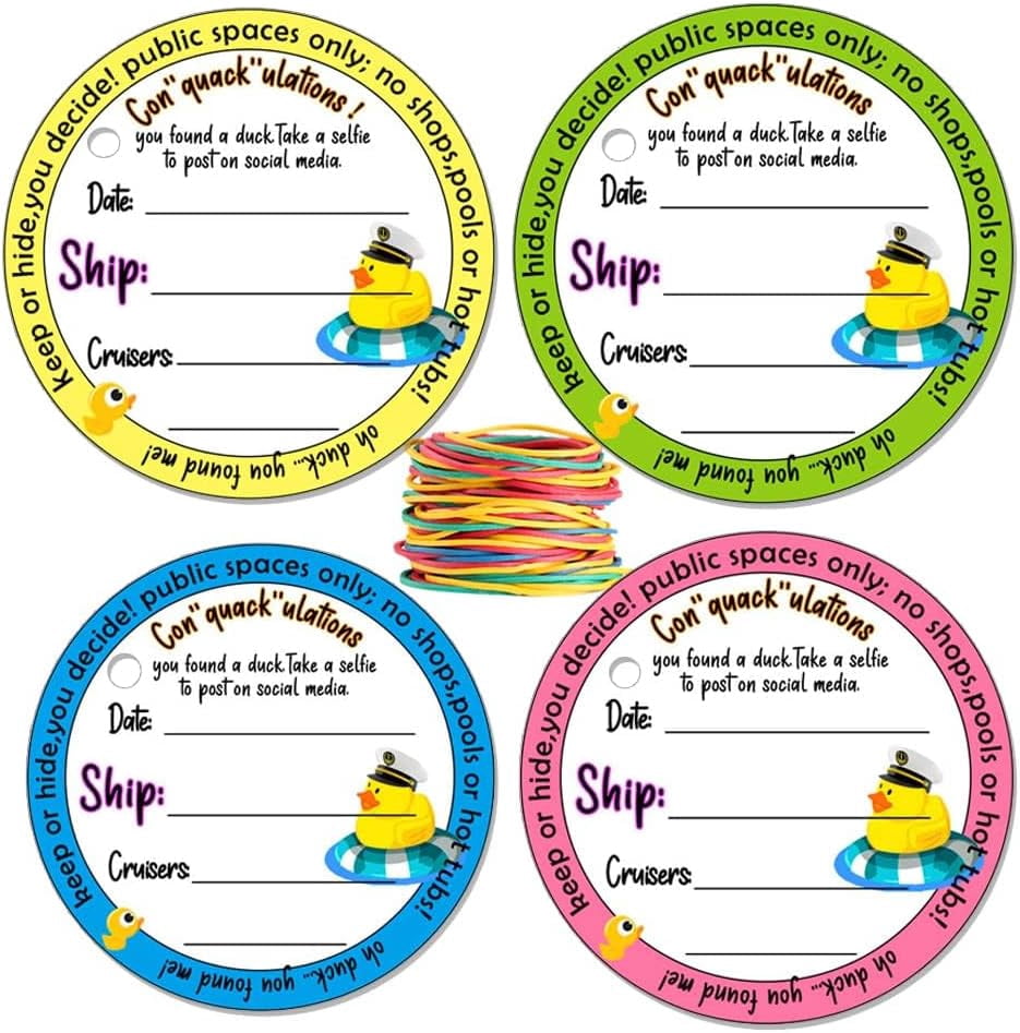 Duck Tags, Cruising Rubber Duck Ducking Game Cards, Cruise Tag, 2.5inches 50 Pack Circle Cruise Tag with Hole and 50 Rubber Bands(4 Color)