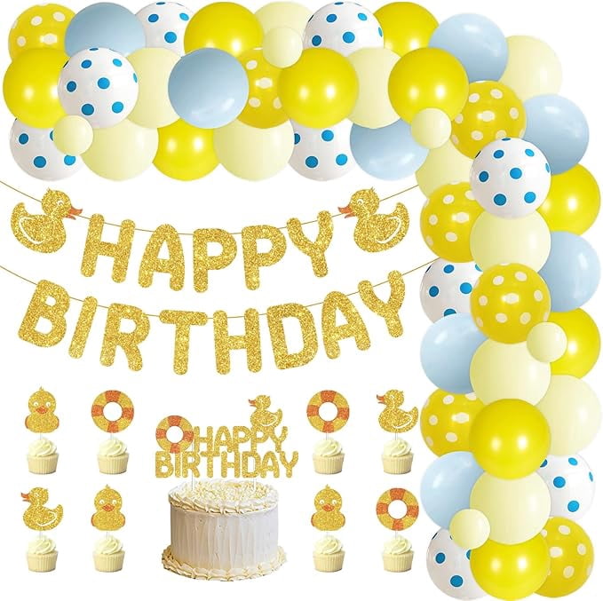 Duck Theme Birthday Party Decorations Duck Blue Yellow Balloons Arch Garland Kit Ducky Happpy Birthday Banner Cake Cupcake Toppers for Boys Girls 1st 2nd 3rd Birthday Party Decor Supplies