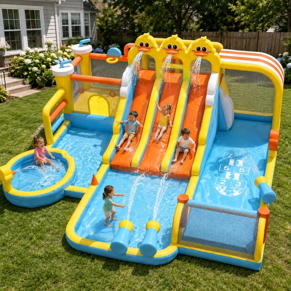 Duck Theme Inflatable Water Slide, Bounce House with 3 Slides, Soccer Goal, Double Climbing Walls, Splash Pool, Boxing Pillar
