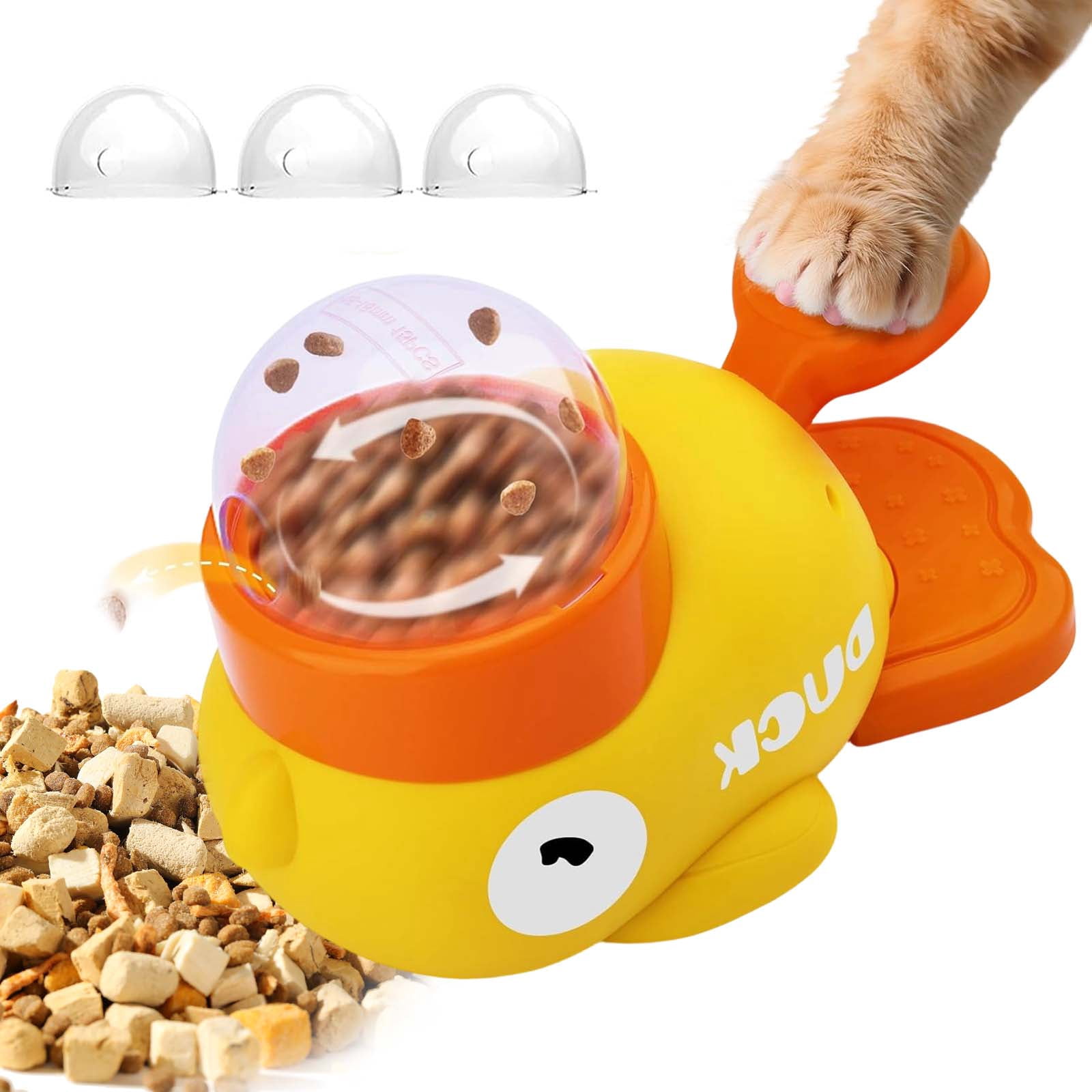 Duck Treat Dispenser, Feeder Puzzle Toy Duck with Button and 3 Challenge Lids, Anti-Gulping IQ Training Bowl for Dogs & Cats