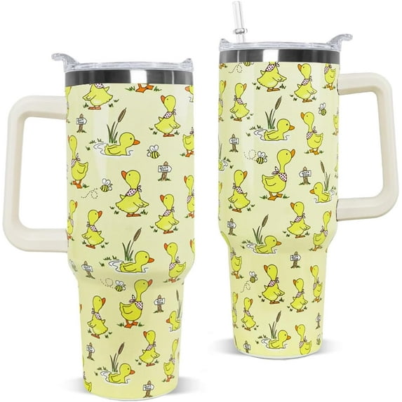 40oz Insulated Stainless Steel Tumbler with Handle & Straw - Cute Duck Design Travel Mug, Coffee Water Bottle, Funny Gift for Women