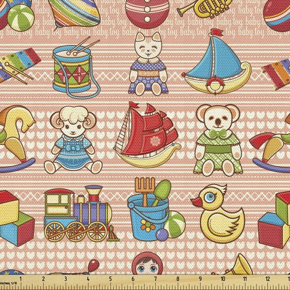 Duck Upholstery Fabric by the Yard, Playthings for Teddy Bears Rubber Ducks and Trains on Heart Filled Backdrop, Decorative Fabric for DIY and Home Accents, 1 Yard, Multicolor by Ambesonne