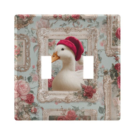 Duck Wear Christmas Hat in Roses Frame Light Switch Cover Electrical Outlet Cover Replaceable Wall Plates 2-Gang