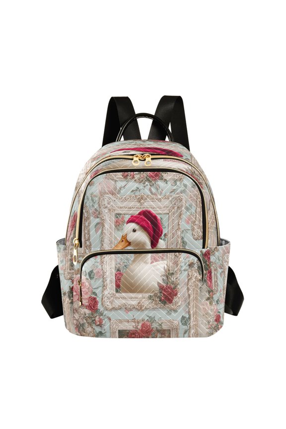 Duck Wear Christmas Hat in Roses Frame Quilted Backpack Fashion Daypack Commuter Bag for Women 8.5 L