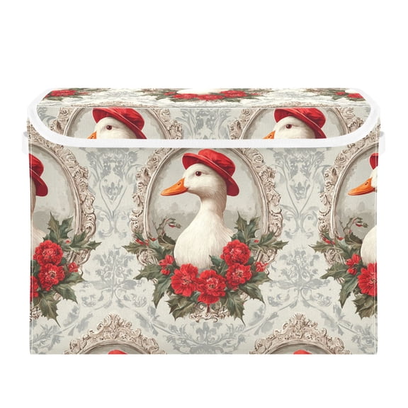 Duck Wear Red Hat with Roses Retro Foldable Storage Bins with Lids Handles Collapsible Storage Containers Tote Boxes 16.5 x 12.6 x 11.8 inches