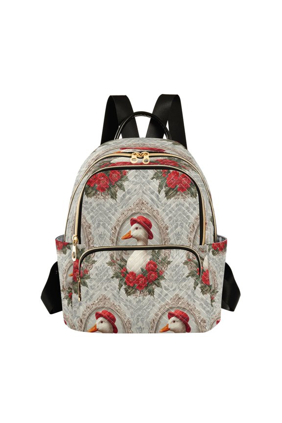 Duck Wear Red Hat with Roses Retro Quilted Backpack Fashion Daypack Commuter Bag for Women 8.5 L