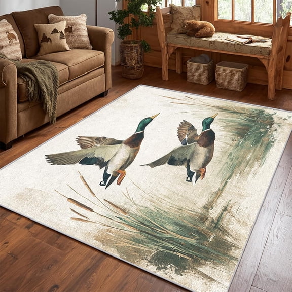 Duck Wildlife Bird Area Rug, Nature Design Carpet, Washable Non Slip Soft Low Pile, Living Room Bedroom Kitchen Office Mat 5x8ft