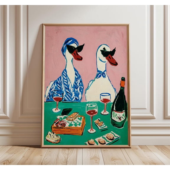 Duck Wine Party Art Print, Quirky Animal Poster, Retro Duck And Wine Wall Art, Dining Room Kitchen Decor, Unframed Paper Poster 8x10in