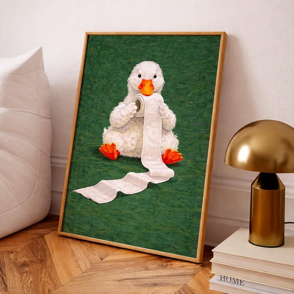 Duck With Paper Wall Art Print, Bathroom Duck Poster, Gouache Duck Decor, Unframed Paper Poster 8x10in