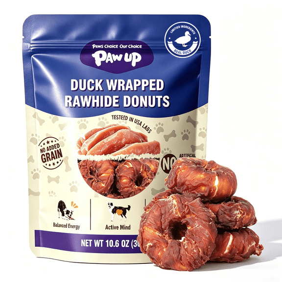 PAWUP Dog Treats, Duck Wrapped Rawhide Donuts, Dog Chews Long Lasting for Medium Large Dogs, High Protein Treats for Dogs, 10.6oz