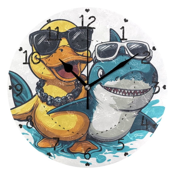 Duck and Fish with Sunglasses Round Wall Clock Silent Analog Battery Operated Black Pointer Home Decor 9.84" Diameter