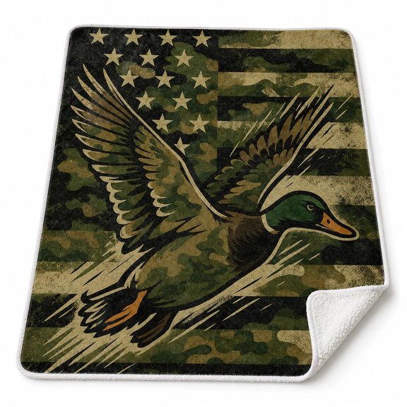 Duck and Flag Sherpa Blanket, Camo Patriotic Fleece Throw, Soft 2-Layer Blanket
