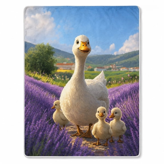 Duck and Lavender Field Sherpa Throw Blanket, Soft Polyester Fleece, 4 Sizes