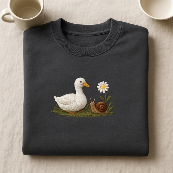 Duck and Snail Embroidered Sweatshirt, Cottagecore Daisy Tee, Cute Nature Animal Lover Crewneck, Whimsical Garden Graphic Gift