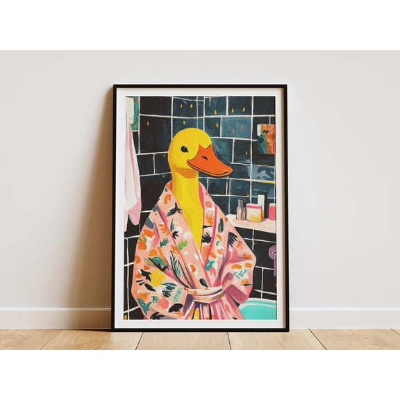 Duck in a Bathrobe Bathroom Painting Poster Print Modern Funny Animal Art Quirky Home Decor Unique Gift Idea for Duck Lovers Whimsical
