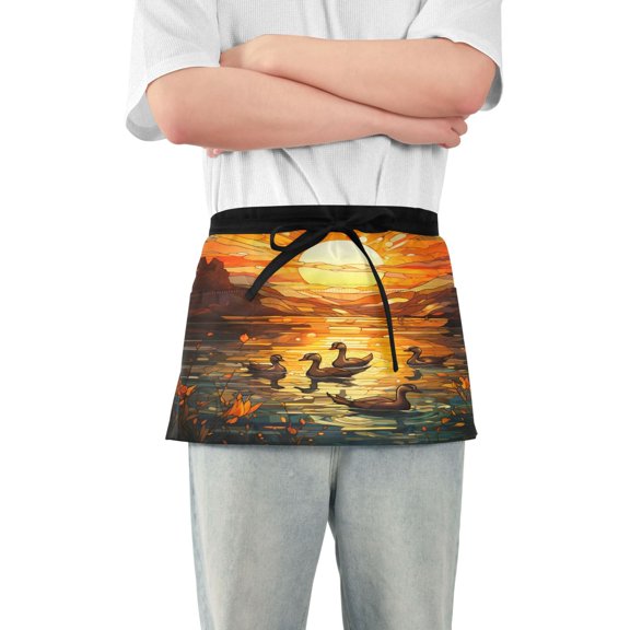 Duck on Water with Sunset Server Apron with 3 Pockets Waterproof Waitress Waist Short Apron for Man Woman 12 Inches