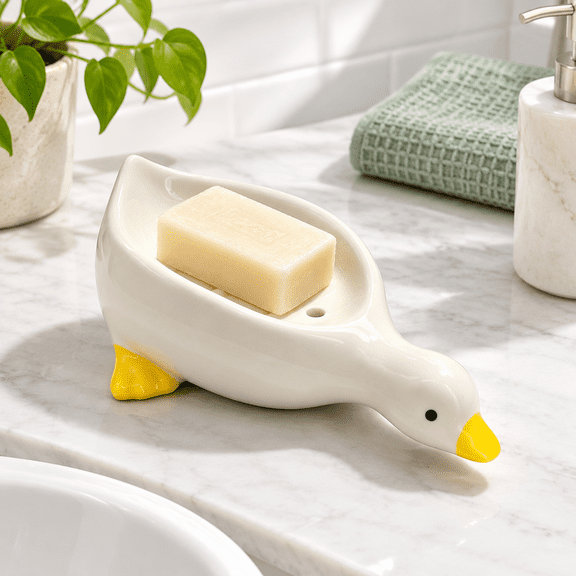 Duck-shaped Ceramic Soap Holder with Drain Tray for Kitchen and Bath, 1 Pack