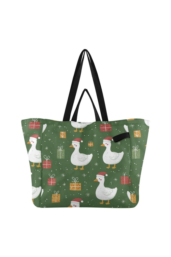 Duck with Christmas Hats Cute Presents Snow Foldable Canvas Tote Bags Reusable Grocery Bags Laundry Bags Beach Bag 32L